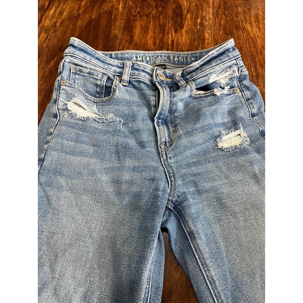 American Eagle Womens Size 0 Mid Rise Skinny Jeans Light Wash Distressed Stretch - Picture 6 of 7